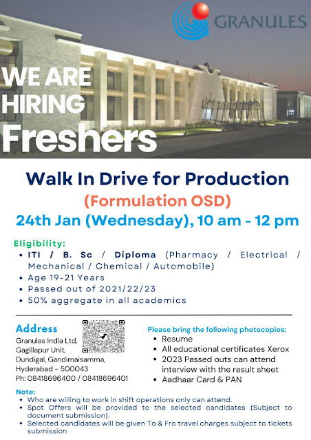 Granules India Walk In Interview For Fresher Diploma (Pharmacy / Electrical / Mechanical / Chemical / Automobile)/ BSc/ ITI