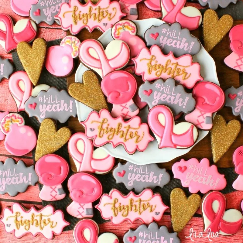 Gold and pink breast cancer decorated sugar cookies- a cookie decorating tutorial