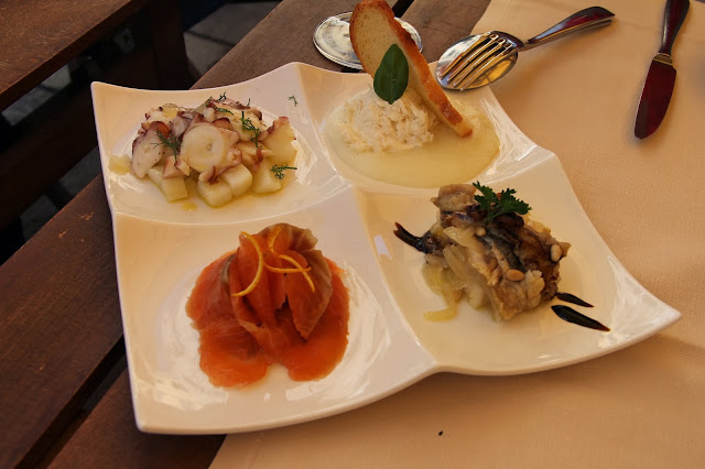 Aperitivo of four Venetian fish at Ostaria da Rioba, Venice