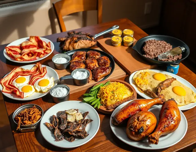 A wooden table set with budget-friendly carnivore diet meals including crispy bacon and scrambled eggs, pan-seared chicken thighs, ground beef patties with melted cheddar, slow-cooked pork shoulder, ribeye steak with salt, ham and cheese omelet, canned sardines with mayonnaise, roasted chicken legs, pork rinds, and beef jerky, all bathed in warm natural light.