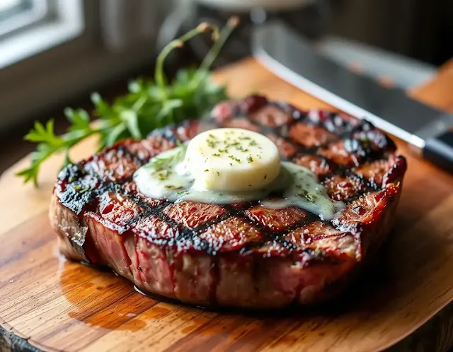 Juicy ribeye steak topped with garlic herb butter on a wooden board