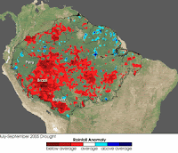 Red regions on this map of the Amazon show areas of below average rainfall in 2005. (Photo Credit:  NASA) Click to Enlarge.