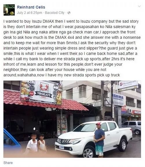 He was ignored at Isuzu Bacolod because of his appearance.