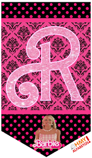 Barbie Movie: Free Printable Bunting with Sparkling Pink Glitter Letters and Numbers. Barbie la Película: Banderines para Descargar Gratis con Letras y Números en Brillantina Rosa-