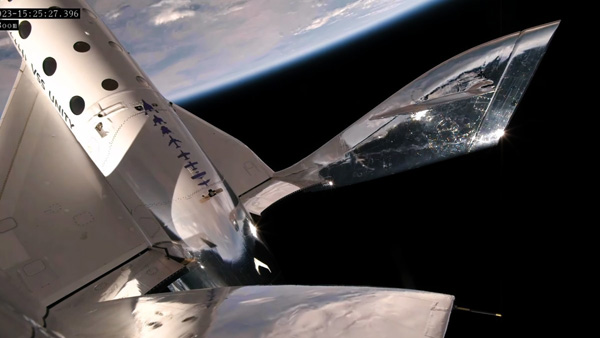 VSS Unity soars 55 miles (89 kilometers) above the Earth during the Galactic 03 flight...on September 8, 2023.