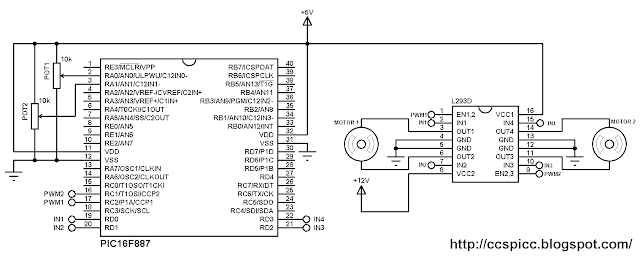 Two DC motors control using PIC16F887 and L293D circuit diagram