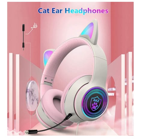 VIGROS Cat Ear Gaming Headset with Mic RGB LED Light