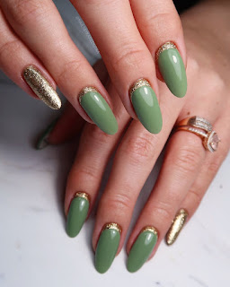 Olive green nails with glitters