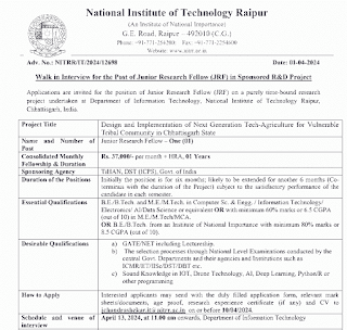 छत्तीसगढ़ के रायपुर जिले के जी.ई. रोड में स्थित राष्ट्रीय प्रौद्योगिकी संस्थान रायपुर में रिक्त पदों पर हो रही है भर्ती