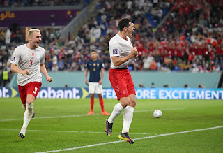 Denmark players celebrate after levelling against France in the FIFA World Cup 2022 match at the Stadium 974 in Qatar
