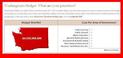 screenshot - Washington's Budget, map of Washington,list of budget areas