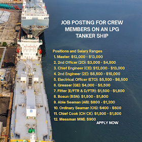 This appears to be a job posting for crew members on an LPG tanker ship with the following details: