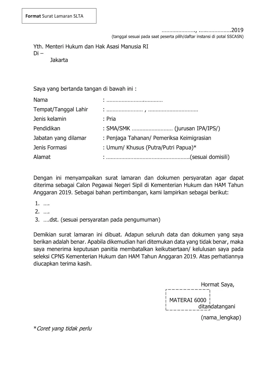 surat lamaran cpns kemenkumham 2019