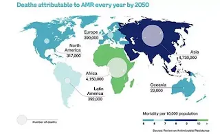 Bản đồ về tình trạng kháng kháng sinh trên toàn thế giới đến năm 2050, với khoảng 10 triệu người tử vong