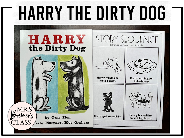 Harry the Dirty Dog book activities unit with literacy printables, reading companion worksheets, lesson ideas, and a craft for Kindergarten and First Grade