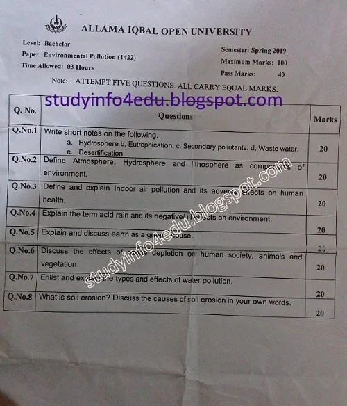 1422 aiou Past paper/old papers Environmental Pollution Spring 2019