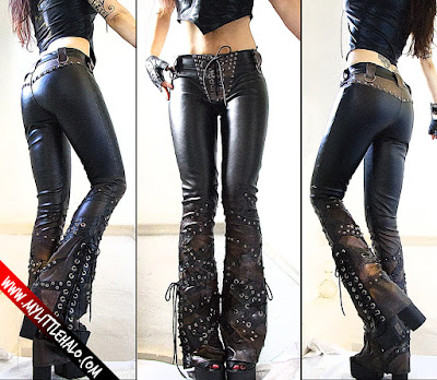 Black and brown studded faux leather flared pants with lace up sides