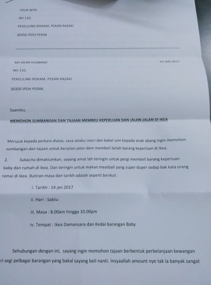 Surat Rasmi Mohon Dana Perbelanjaan Dari Isteri Untuk 