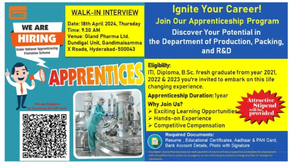 Gland Pharma Walk In Interview For Apprenticeship ITI, Diploma, BSc Fresh graduate