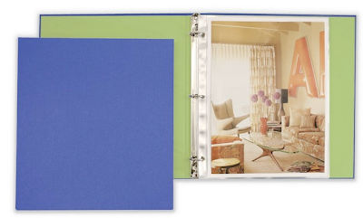 fabric 3-ring binder, blue with green interior