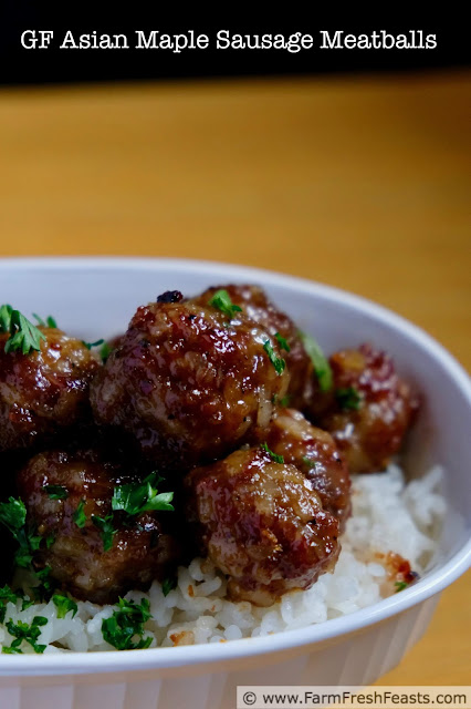 Sweet and heat combined into a gluten free Asian flavored meatball made with maple pork sausage with extra maple syrup. These little gems make a terrific appetizer or entree. Serve over rice or in lettuce cups.