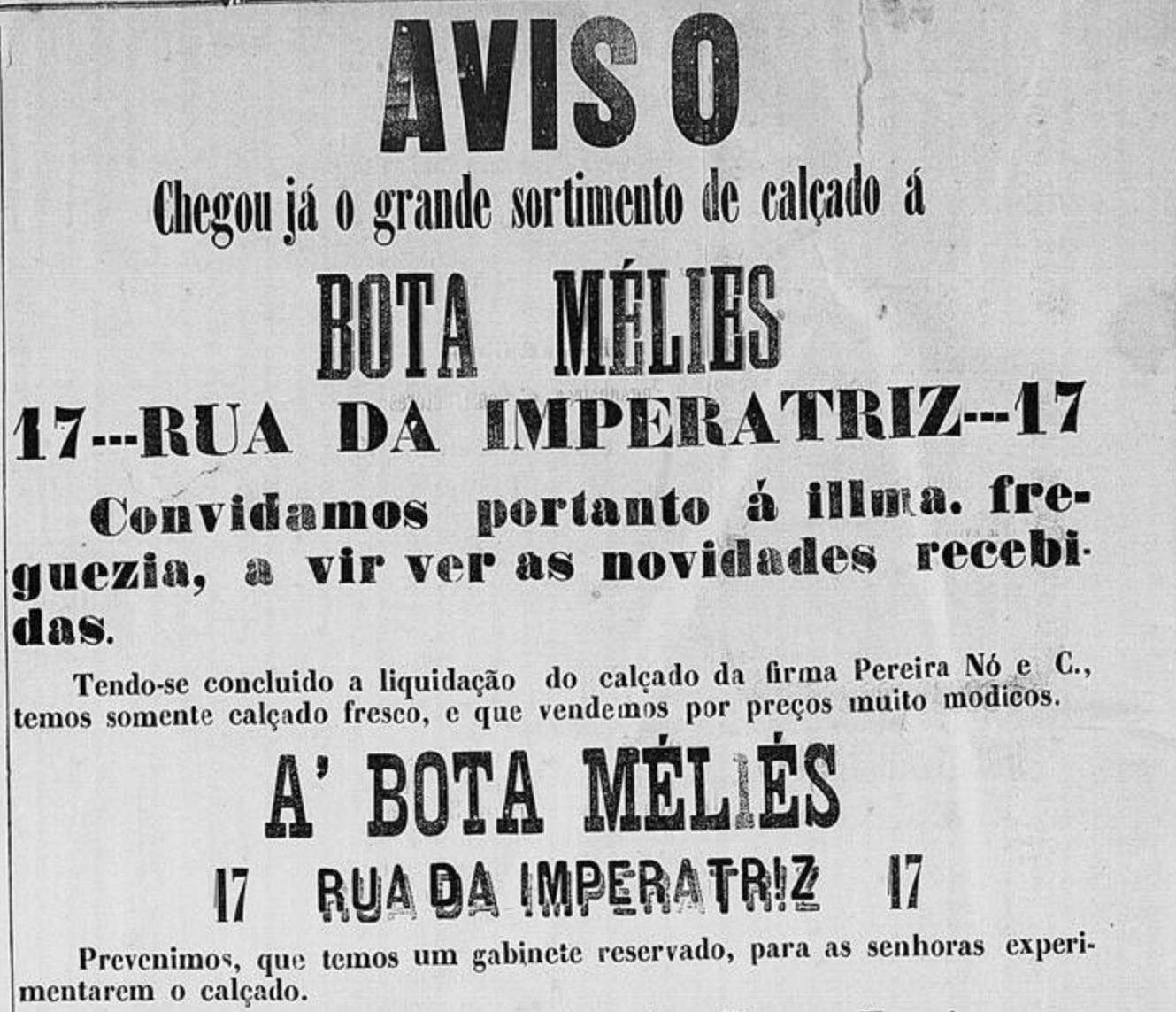 Anúncio veiculado em 1880 promovendo liquidação de calçados na loja Bota Meliés em São Paulo