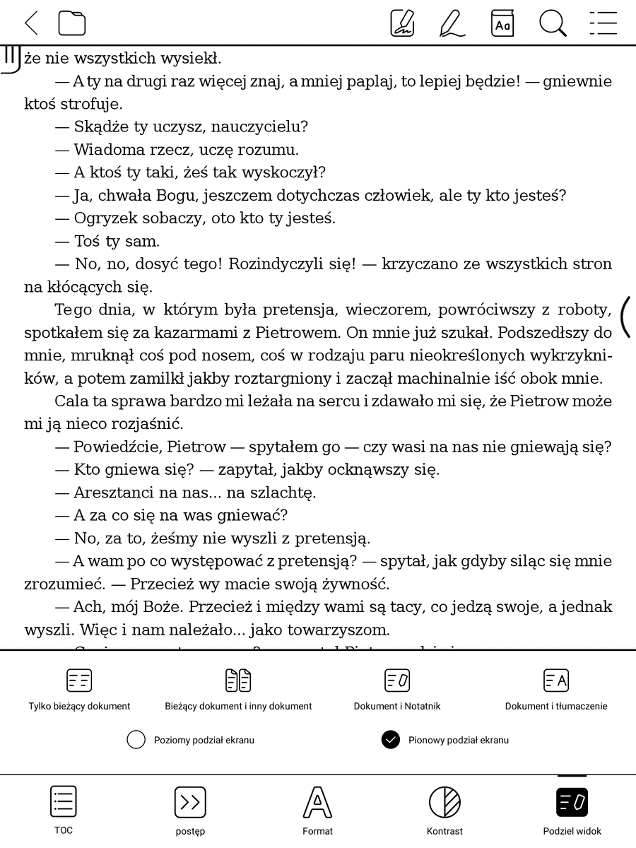 Onyx Boox Nova Air – opcje trybu podzielonego ekranu w aplikacji Neo Reader