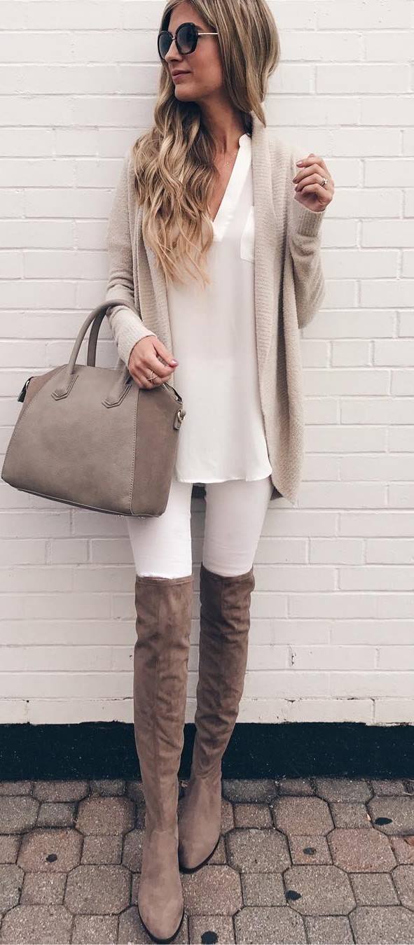 nude palettes / bag + over the knee boots + cardi + rips + top