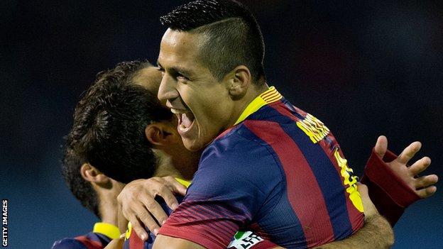 Barcelona duo Alexis Sanchez and Cesc Fabregas celebrates goal in Barcelona3-0 win away at Celta Vigo