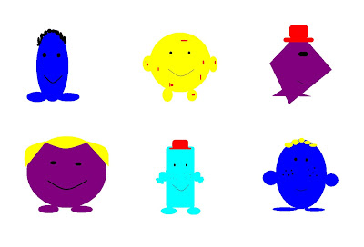 Six cartoon characters with round bodies in the style of the Mr Men/Little Miss books.