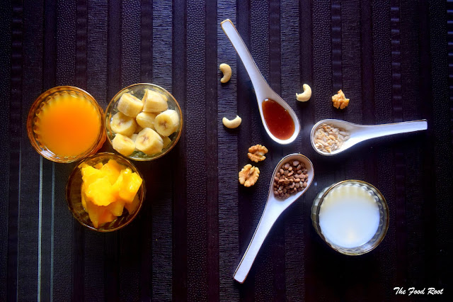 Frozen Mango, Banana, Orange juice, Coconut Milk and Honey are few of the ingredients used in this tropical sunshine smoothie. This smoothie can be made in less than 5 minutes. It is one of the reasons, i like it so much. All you need is blender, your favorite fruits and milk.