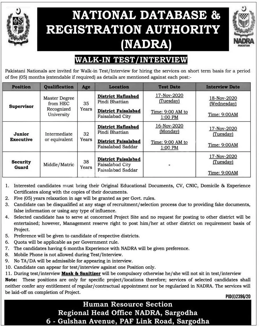 Nadra Jobs 2020 Walk and Interview