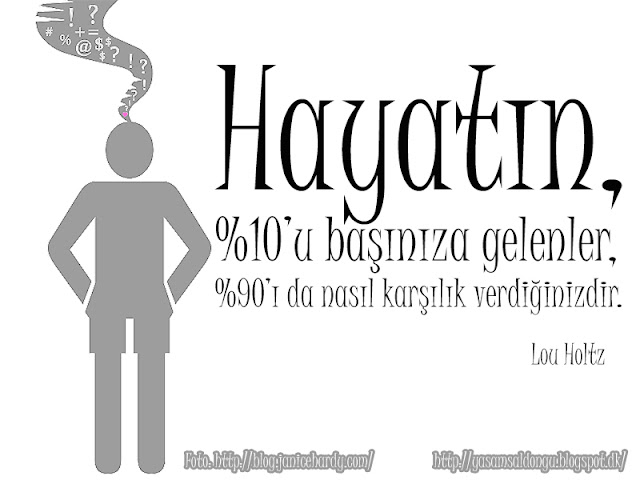 Hayatın %10'u başınıza gelenler, %90'ı da nasıl karşılık verdiğinizdir. Lou Holtz Türkçe Çeviri Life is 10% what happens to you and 90% how you respond to it Hayattaki yanlış seçimler keşkelerimiz olmamasını istediğimi keşkeler 