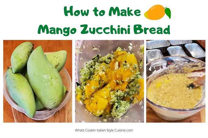 this is a collage on how to make mango zucchini bread