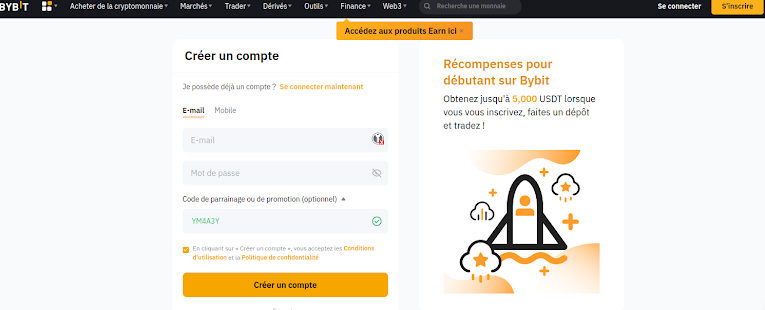 présentation page d'incription ByBit