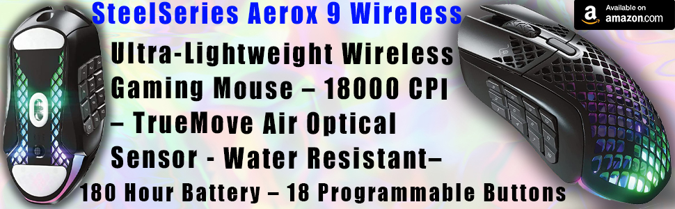 SteelSeries Aerox 9 Wireless – Ultra-Lightweight Wireless Best Gaming Mouse – 18000 CPI – TrueMove Air Optical Sensor - Water Resistant– 180 Hour Battery – 18 Programmable Buttons