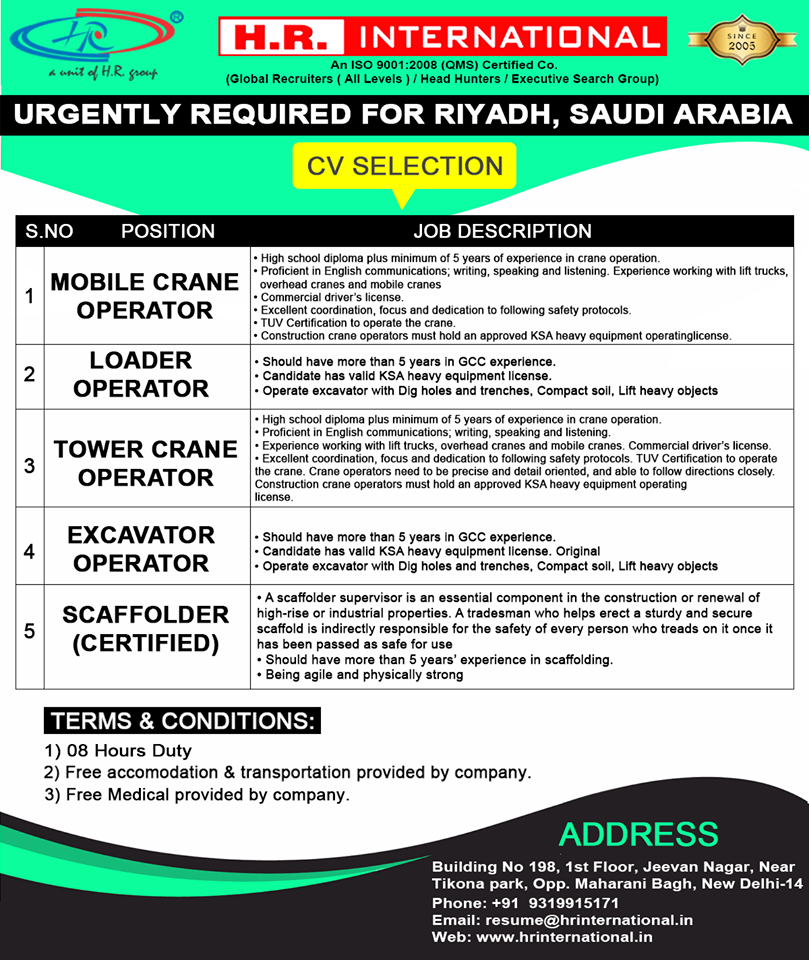 Urgently CV Selection For Riyadh Saudi Arabia