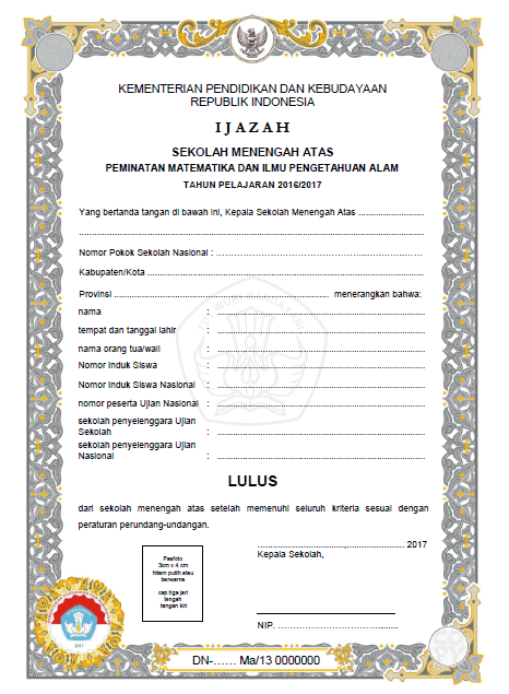 Download Contoh Blangko Ijazah Terbaru SD SMP SMA - Guru 