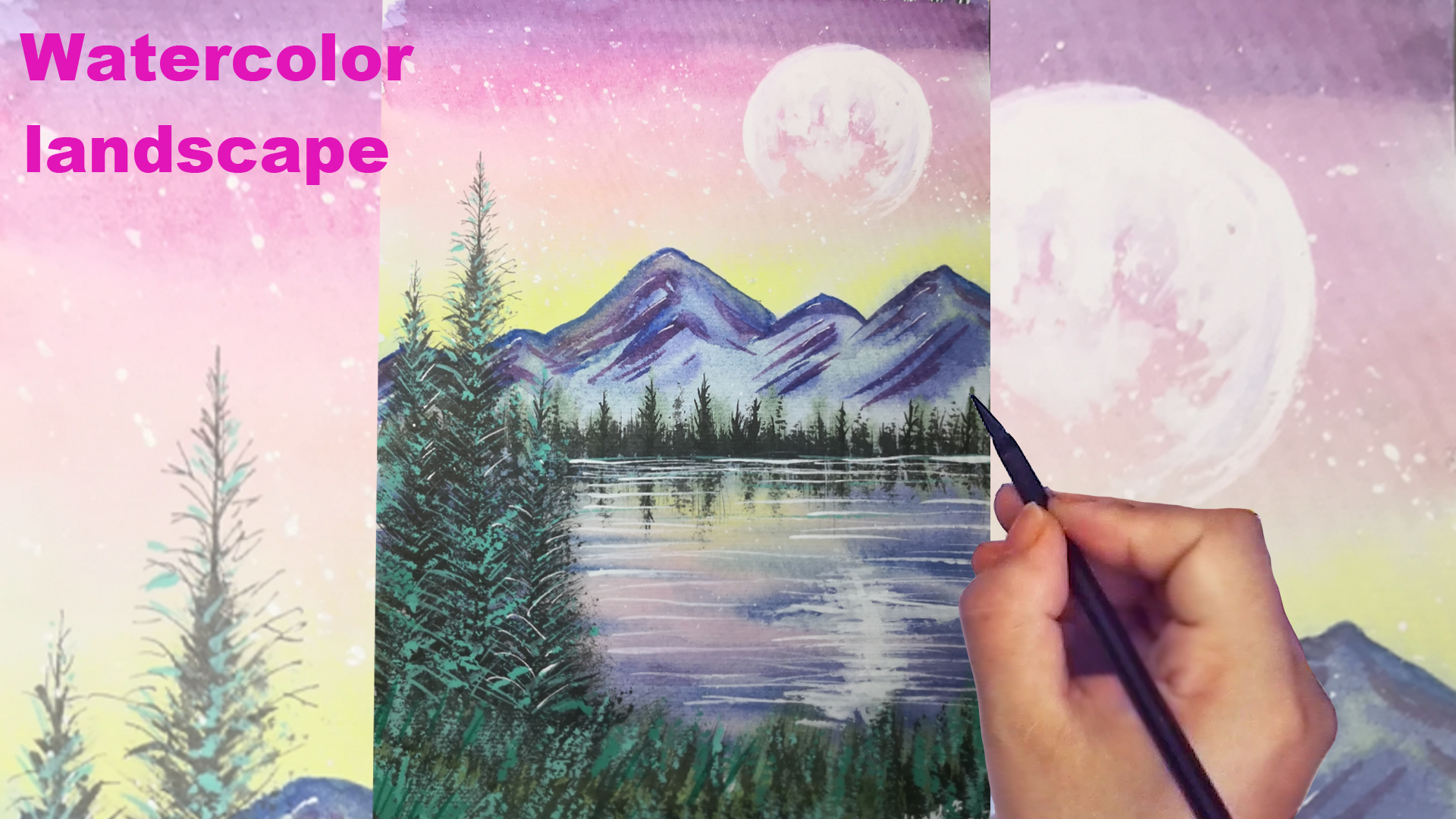 How to draw watercolor pink lake landscape step by step tutorial easy