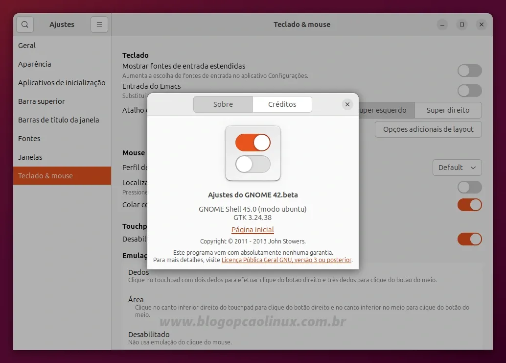 GNOME Tweaks executando no Ubuntu 23.10 (Mantic Minotaur)