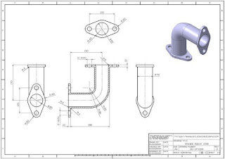 A detailed 2D mechanical drawing and isometric 3D view of a flanged pipe elbow component. The drawing includes front, top, side, and sectional views with dimensions and annotations. The component features a hollow cylindrical pipe with a 90-degree elbow, two mounting flanges with bolt holes, and wall thickness clearly shown. A shaded 3D isometric model is displayed in the top right corner, showcasing the part's final appearance.