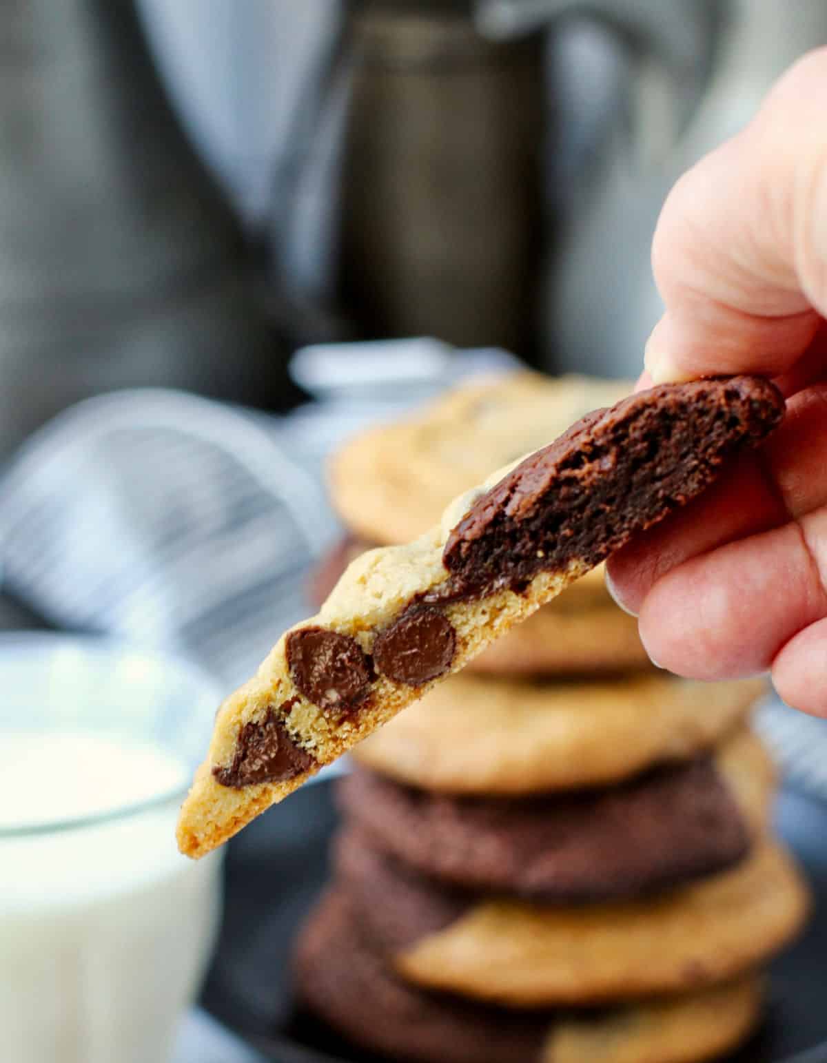 Close up of brookie cookie halves.