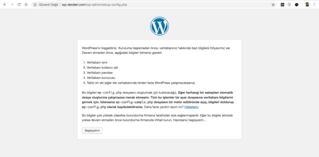 godaddy Wordpress kurulumu başlangıç ekranı