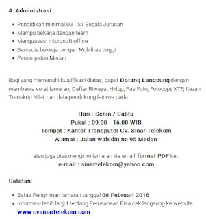 Lowongan Kerja Medan CV Sinar Telekom Februari 2016 