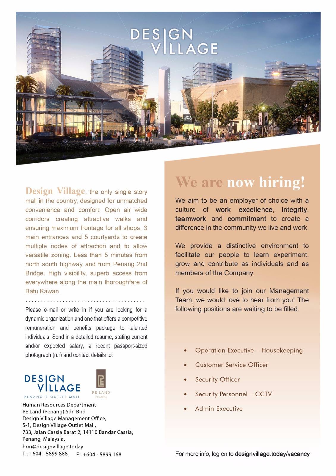 Design Village Penang Vacancy Operation Executive Customer Service Officer Security Officer Security Personnel Admin Executive