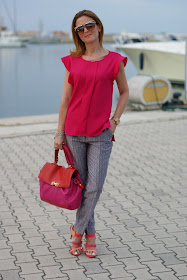 Zara fuchsia top, Asos geo print trousers, Cesare Paciotti sandals, Fashion and Cookies