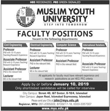 Jobs Vacancies In Muslim Youth University 07 January 2019