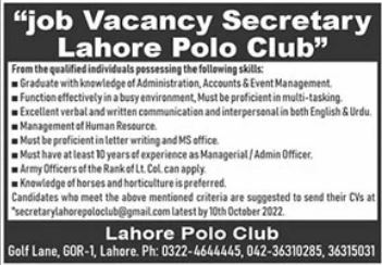 Latest The Lahore Polo Club Secretarial Posts Lahore 2022