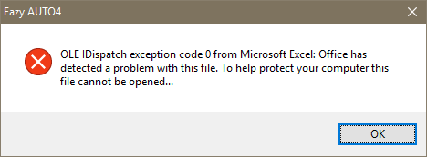 OLE IDispatch Exception code 0 from Microsoft Excel Office has detected a problem with file. To help protect your computer this file cannot be opened www.exceltotally.in