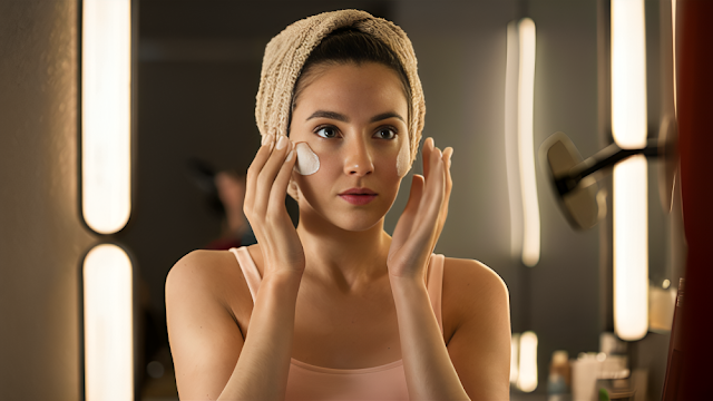 A woman gently cleansing her face with a cleanser, followed by applying moisturizer, creating a clean canvas for makeup application. Primer Application